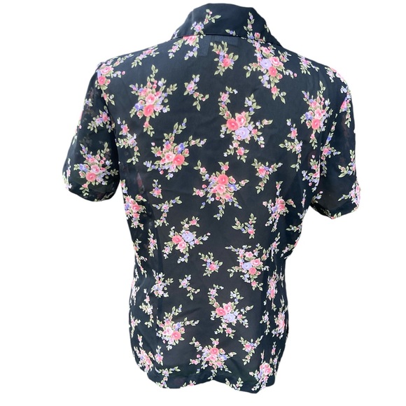 Emma James Black Pink Floral Semi Sheer Short Sleeve Button Up Shirt S - Picture 3 of 6